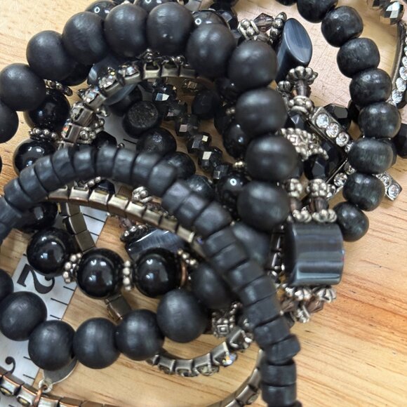 Black Beaded & Rhinestone Bracelet Stack Set Of 10 Stretchable For Wear Or Craft - Picture 5 of 10